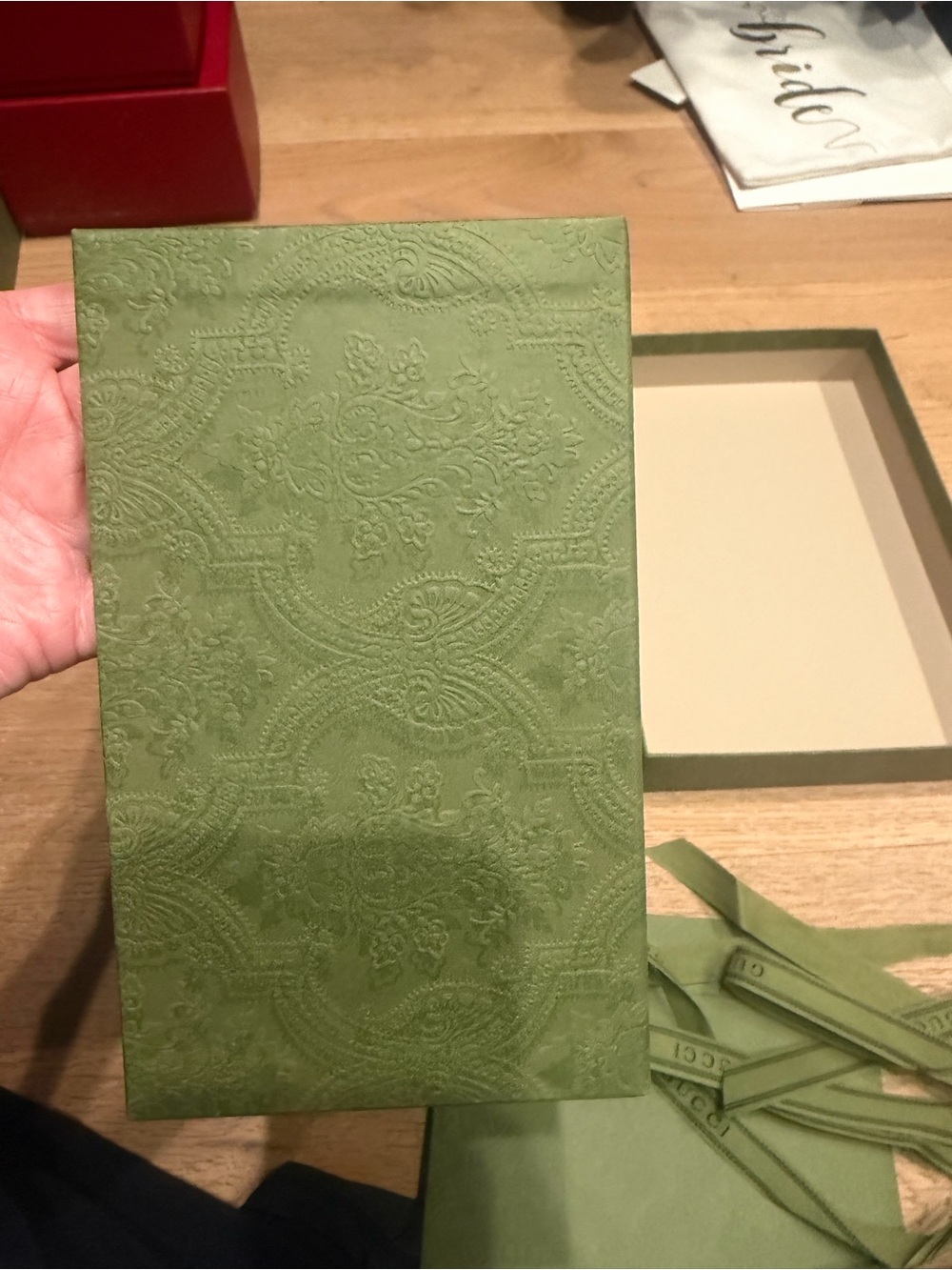 Gucci Olive Green Gift Box with Branded Ribbon and self sealing envelope - Picture 11 of 12
